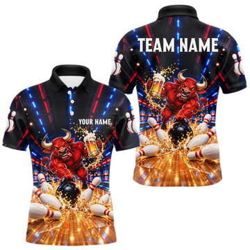 Maxcorners Splatter Beer & Bull Bowling Polo 1/4-Zip Shirt For Men Custom Funny Bowling Tournament Jersey LM1910