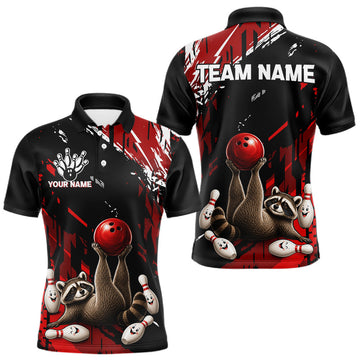 Maxcorners Funny Raccoon Mens Bowling Shirt Custom Red And Black Bowling Team Jersey For Bowlers
