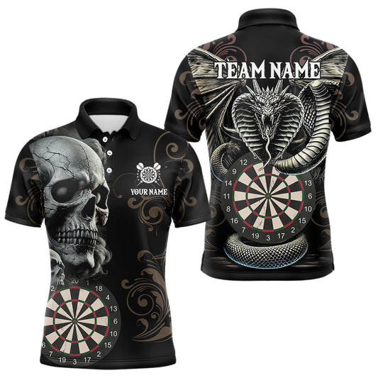Maxcorners Personalized Grey Skull Dragon Polo & Quarter-Zip Dart Shirts For Men, Custom Dart Jerseys LM233
