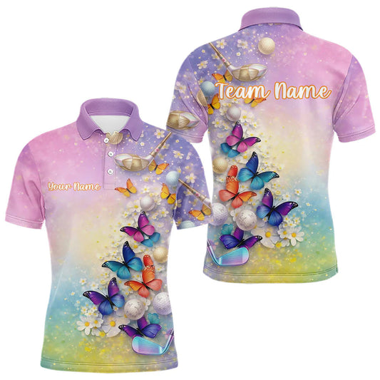 Maxcorners Colorful Butterfly Mens Golf Polo Shirt Custom Name Floral Watercolor Golf Shirts LM1903