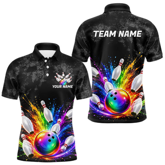 Maxcorners Rainbow Splatter Bowling Ball & Pins Shirt For Men Custom Colorful Paint Bowling Team Outfits