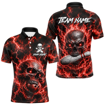 Maxcorners Mens Red Skull Bowling Shirts Custom Thunder Lightning Bowling Team Jerseys, Bowling Gifts