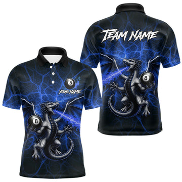 Maxcorners Custom Blue Flaming Dragon 8 Ball Billiard Polo Shirts For Men, Dragon Billiard Tournament Team Shirt