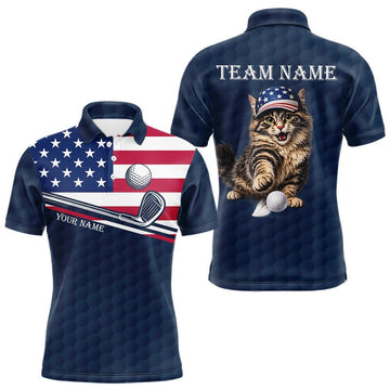 Maxcorners Mens Funny Cat Golf Polo Shirt Custom Name Blue Navy American Flag Men Team Golf Shirts LM2306