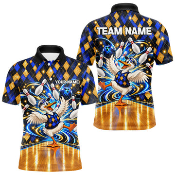 Maxcorners Custom Funny Duck Bowling Polo 1/4-Zip Shirt For Men Blue Gold Argyle Youth Bowling Team Jerseys