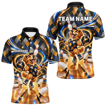 Maxcorners Custom Swirl Argyle Golden Retriever Bowling Polo 1/4-Zip Shirt For Men Funny Youth Bowling Team Jerseys
