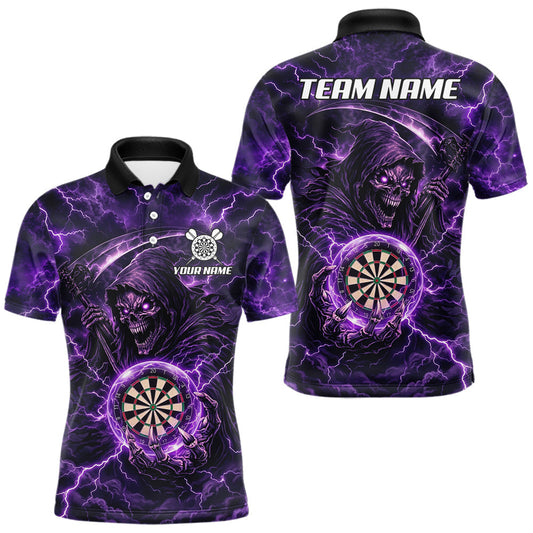 Maxcorners Custom Lightning Grim Reaper Men Darts Polo Quarter-Zip Shirt Purple Thunder Skull Dart Team Jerseys LM0410