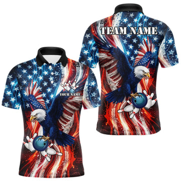 Maxcorners Mens Splatter American Flag Eagle Bowling Polo 1/4-Zip Shirts Custom Patriotic Bowling Team Jersey LM0409