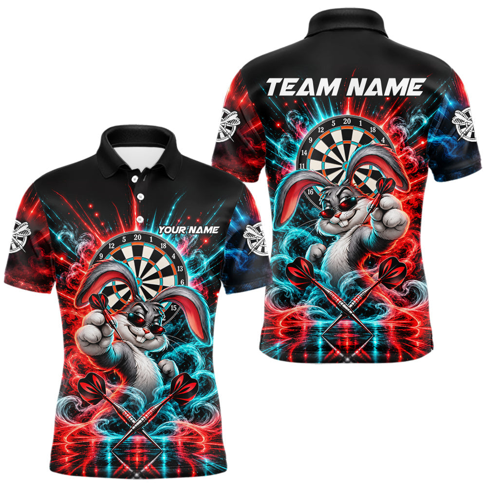 Maxcorners Personalized Cool Rabbit Darts Polo 1/4-Zip Shirt For Men Red Blue Fire Smoke Dartboard Darts Jersey