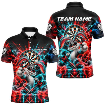 Maxcorners Personalized Cool Rabbit Darts Polo 1/4-Zip Shirt For Men Red Blue Fire Smoke Dartboard Darts Jersey