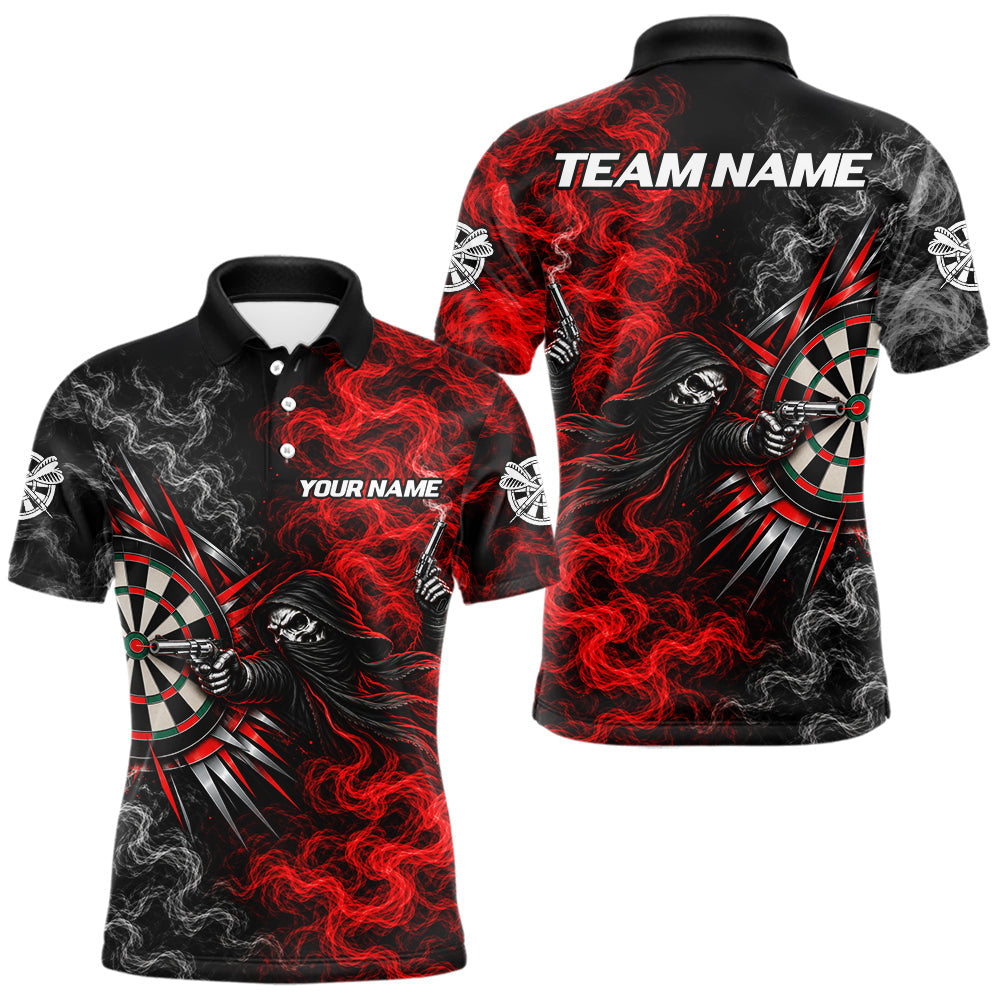 Maxcorners Personalized Grim Reaper Darts Polo 1/4-Zip Shirt For Men Custom Red White Smoke Darts Team Jersey