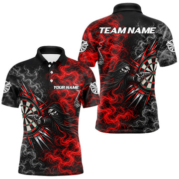Maxcorners Personalized Grim Reaper Darts Polo 1/4-Zip Shirt For Men Custom Red White Smoke Darts Team Jersey