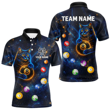 Maxcorners Funny Cat Galaxy Custom 8 Ball Billiard Polo & 1/4-Zip Shirt For Men Blue Billiard Team Jerseys LM2704