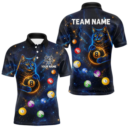 Maxcorners Funny Cat Galaxy Custom 8 Ball Billiard Polo & 1/4-Zip Shirt For Men Blue Billiard Team Jerseys LM2704