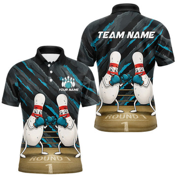 Maxcorners Personalized Blue Men Bowling Shirt Funny Bowling Pins Boxing Custom Name Bowling Team Jersey LM2607