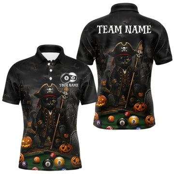 Maxcorners Halloween Pool Billiard Polo 1/4-Zip Shirt Custom Pirate Cat 8 & 9 Ball Jersey, Billiards Shirt For Men LM0409