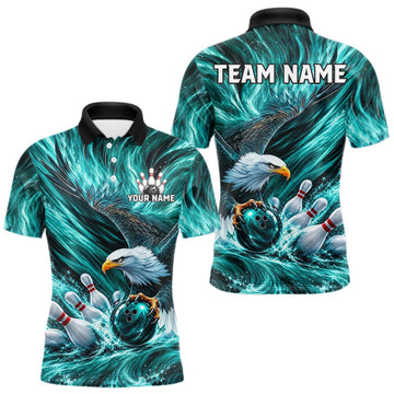 Maxcorners Custom Teal Eagle Water Splash Bowling Polo 1/4-Zip Personalized Bowling League Jersey For Men LM2709