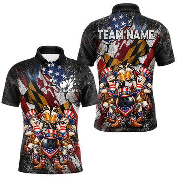 Maxcorners Funny Beer Cowboy Bowling Patriotic Men Bowling Shirt Custom Maryland - US Flag Youth Bowling Team Jersey