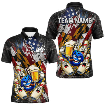 Maxcorners Funny Cheer Beer Bowling Shirt For Men Custom Patriotic Maryland - US Flag Youth Bowling Team Jersey