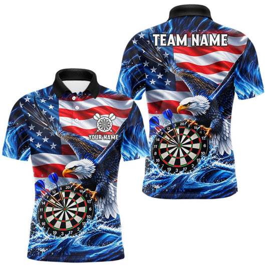 Maxcorners Custom US Flag Mens Eagle Darts Polo Quarter-Zip Shirt Blue Water Splash Darts Tournament Team Shirt LM2709