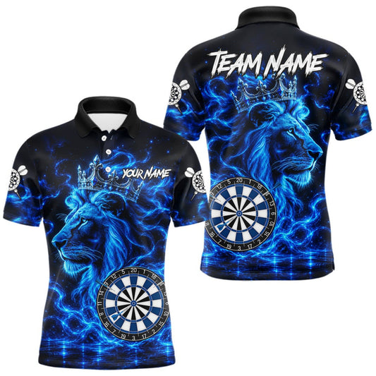 Maxcorners Personalized Lion Darts Polo Quarter-Zip Shirt For Men Custom Blue Flame Lion Dart Team Uniform Jersey LM2709
