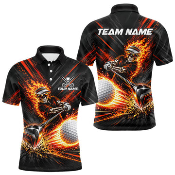 Maxcorners Custom Flaming Skull Golf Polo Shirt For Men Personalized Skeleton Golf Shirt Golf Team Apparel