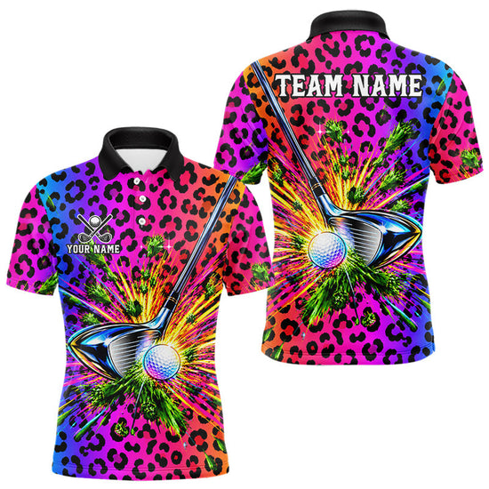 Maxcorners Personalized Rainbow Leopard Men Golf Polo Shirt Custom Colorful Golf Club Golf Team Jersey