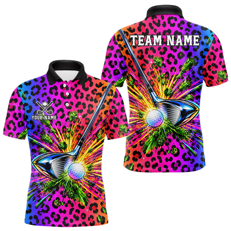 Maxcorners Personalized Rainbow Leopard Men Golf Polo Shirt Custom Colorful Golf Club Golf Team Jersey
