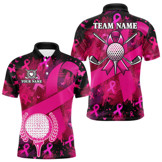 Maxcorners Mens Breast Cancer Golf Polo Shirt Custom Name Pink Ribbon Golf Team Golf Tournament Apparel LM2709
