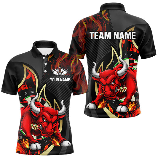 Maxcorners Personalized Bull Red Flames Darts Polo & 1/4-Zip Shirt For Men Funny Dart Team Dart Jerseys LM2704