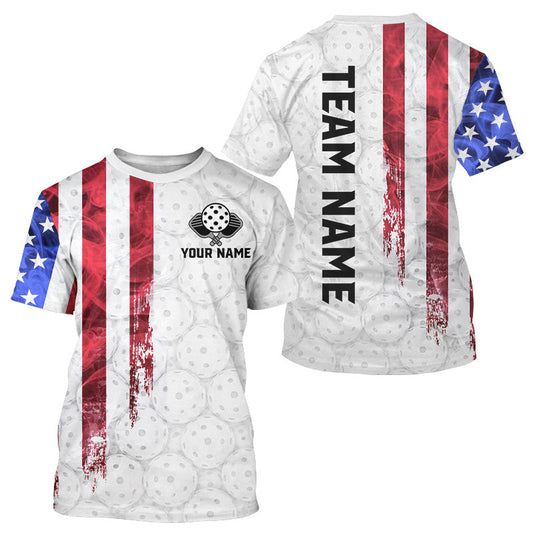 Maxcorners Custom Smoke US Flag Patriotic Pickleball T-Shirt For Men White Pickleball Ball Jerseys LM0106