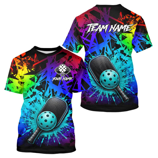 Maxcorners Custom Teal Splatter Pickleball Ball & Paddles T-Shirt Mens Colorful Best Pickleball Clothing LM0106