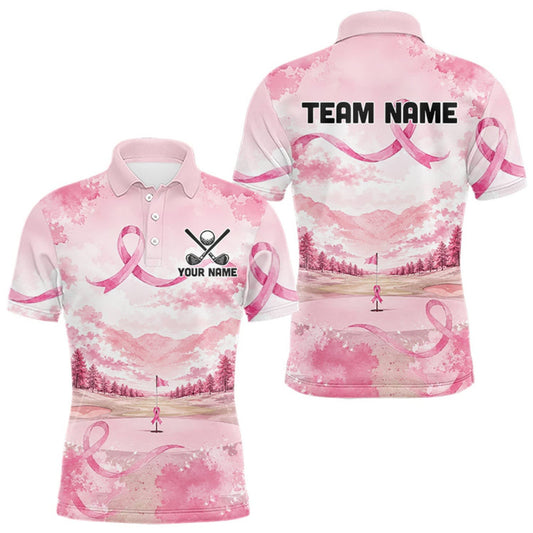 Maxcorners Breast Cancer Golf Polo Shirts For Men Custom Name Pink Ribbon Golf Course Shirt Golf Gifts LM0409