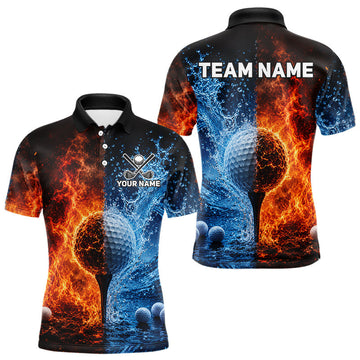 Maxcorners Blue Water & Red Flames Mens Golf Polo Shirt Custom Golf Clothing Golf Team Outfits LM0106