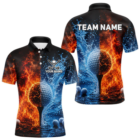 Maxcorners Blue Water & Red Flames Mens Golf Polo Shirt Custom Golf Clothing Golf Team Outfits LM0106