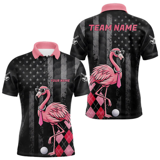 Maxcorners Custom Black Patriotic Golf Polo Shirts For Men, Funny Flamingo Best Golf Clothing Shirts LM0404
