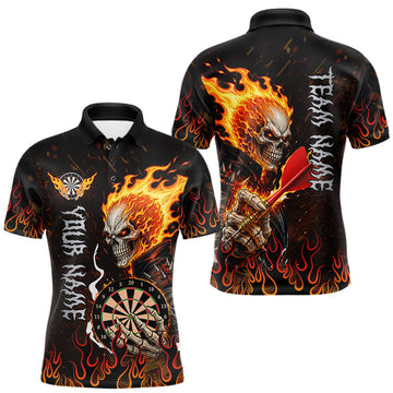 Maxcorners Custom Red Flames Skull Darts Polo 1/4 Zip Shirts For Men, Skeleton Dart Team Tournament Jerseys LM0607