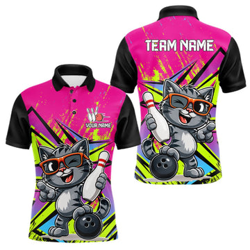 Maxcorners Custom Funny Tabby Cat Strike Bowling Jersey For Men Bowling Shirt Polo & 1/4 Zip Bowling Team Shirt LM0609