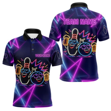 Maxcorners Purple & Blue Neon Light Bowling Ball & Pin Shirts For Men Custom Funny Drunk Bowling Team Jerseys LM0409