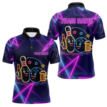 Maxcorners Custom Purple & Blue Neon Light Bowling Ball & Pin Shirts For Men Funny Drunk Bowling Team Jerseys LM0609