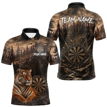 Maxcorners Funny Tiger Dart Polo Quarter-Zip Shirt For Men Custom Brown Grunge Forest Dart Tournament Jersey LM0609