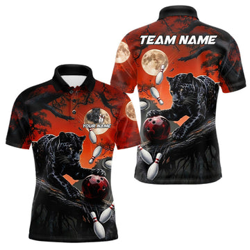 Maxcorners Mens Black Funny Panther Bowling Shirts Custom Black & Red Bowling Team Polo 1/4-Zip Jersey