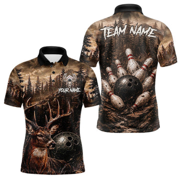 Maxcorners Funny Deer Bowling Shirts For Men Custom Grunge Forest Polo & 1/4 Zip Bowling Team Jersey | Brown LM1406