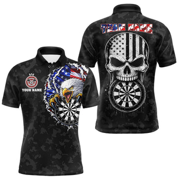Maxcorners Personalized American Flag Skull Eagle Camo Darts Shirts For Men Patriotic Darts Team Outfits | Black