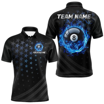 Maxcorners Fire Flame 8 Ball Pool Polo Quarter-Zip Billiard Shirt For Men Custom Blue Billiard Team Attire LM0409