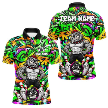 Maxcorners Funny Bowling Polo 1/4-Zip Shirt For Men Custom Angry Bulldog Green Graffiti Bowling Jersey