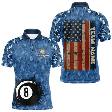 Maxcorners USA Flag 8 Ball Billiards Team Shirt Personalized Blue Camo Patriotic Pool Polo Jersey For Men LM2709