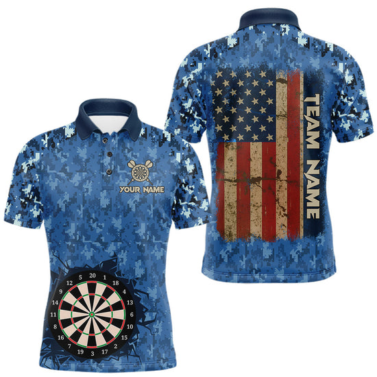 Maxcorners Custom Patriotic Dart Polo 1/4-Zip Shirt For Men Blue Camo US Flag Dartboard Retro Darts Team Jersey