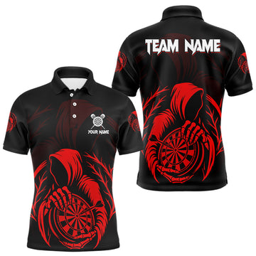 Maxcorners Custom Black And Red Grim Reaper Dartboard Dart Men Polo Shirt Outfits Dart Jerseys LM0404