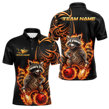 Maxcorners Personalized Flame Raccoon Funny Bowling Shirts For Men, Orange Tribal Bowling Shirts Team Uniform